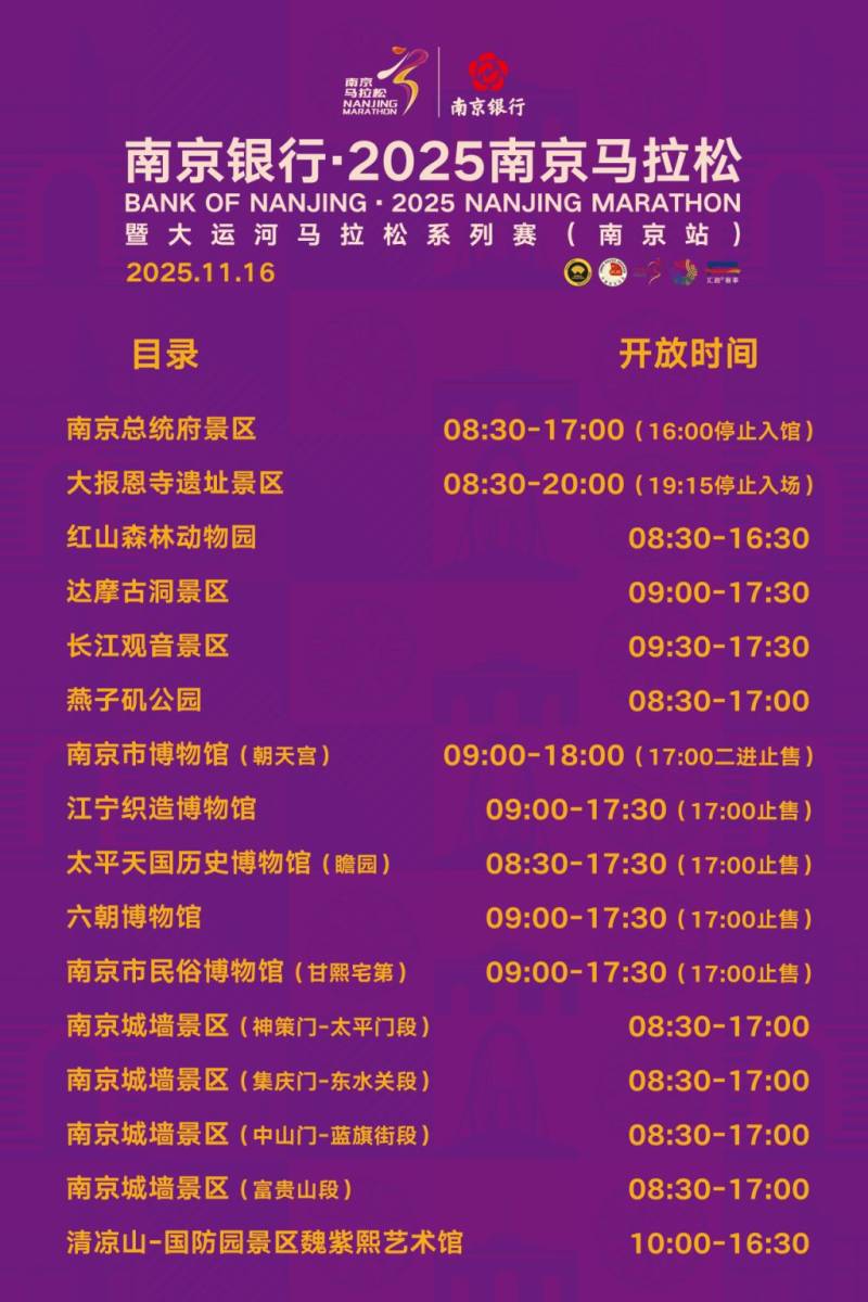 2025南京馬拉松免費(fèi)景區(qū)游玩福利一覽